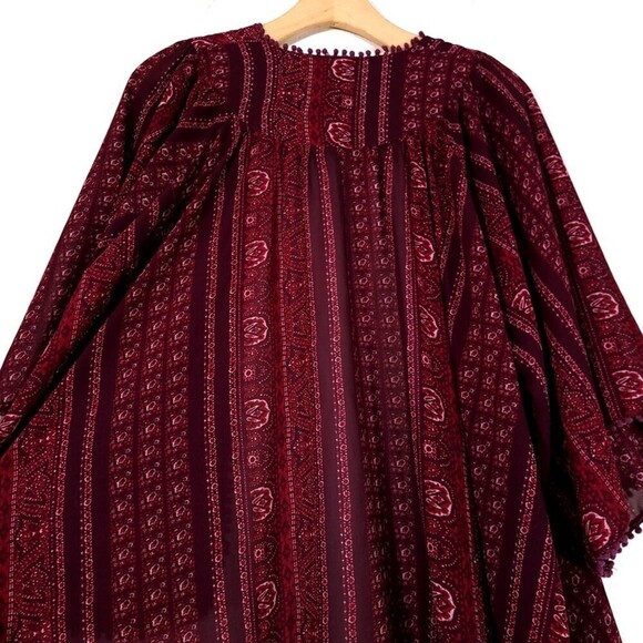 URBAN OUTFITTERS Ecote Boho Pom Pom Chiffon Kimono Cover up Boho Burgundy Red XS - Picture 7 of 8